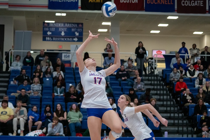 NCAA: American's Esma Sipahi back sets to Lilou. Stegeman in their Patriot League win over Bucknell/Scott Fields photo